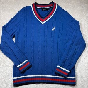 Nautica Men's V-Neck Sweater in Blue with Red and White Trim